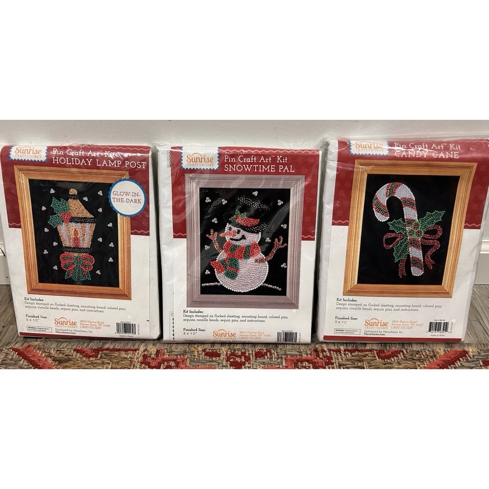 NOS VINTAGE SUNRISE PIN CRAFT KITS LOT OF 3 NEW CHRISTMAS CANDYCANE SNOWMAN LAMP